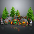 Playful Cartoon Scene With Green Pine Trees Stone Structures And Colorful Decorative Plants