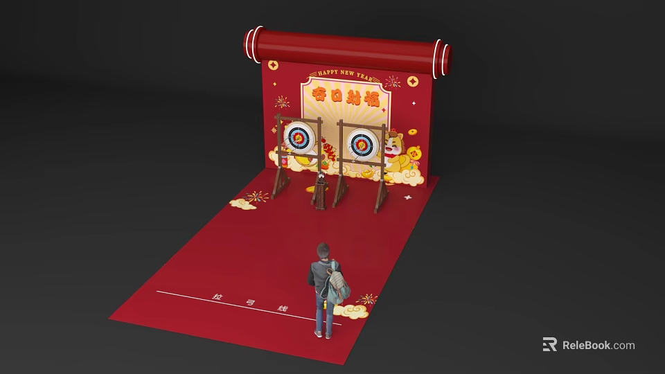 Elegant Traditional Interactive Zone With Red Scroll Decor Targets And Fun Activities 3d model 