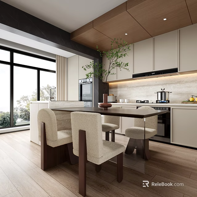 Modern Open Concept Restaurant Interior With Dining Table Chairs And Green Plants 3d model