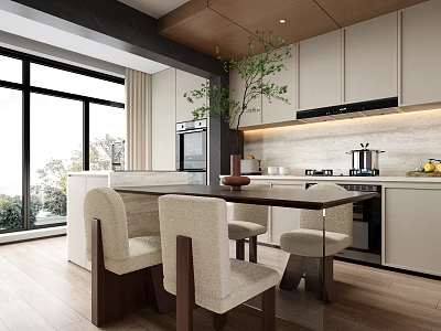 Modern Open Concept Restaurant Interior With Dining Table Chairs And Green Plants 3d model