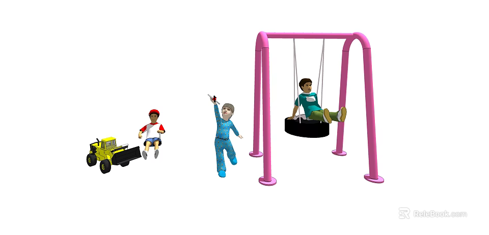 Colorful Playground Equipment with Pink Swing Set Toy Car and Children Playing 3d model 