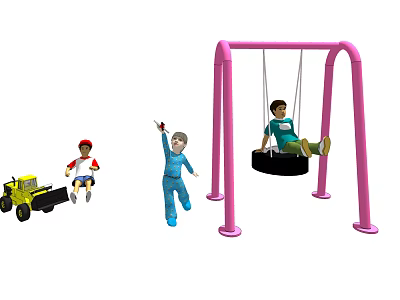 Colorful Playground Equipment with Pink Swing Set Toy Car and Children Playing 3d model