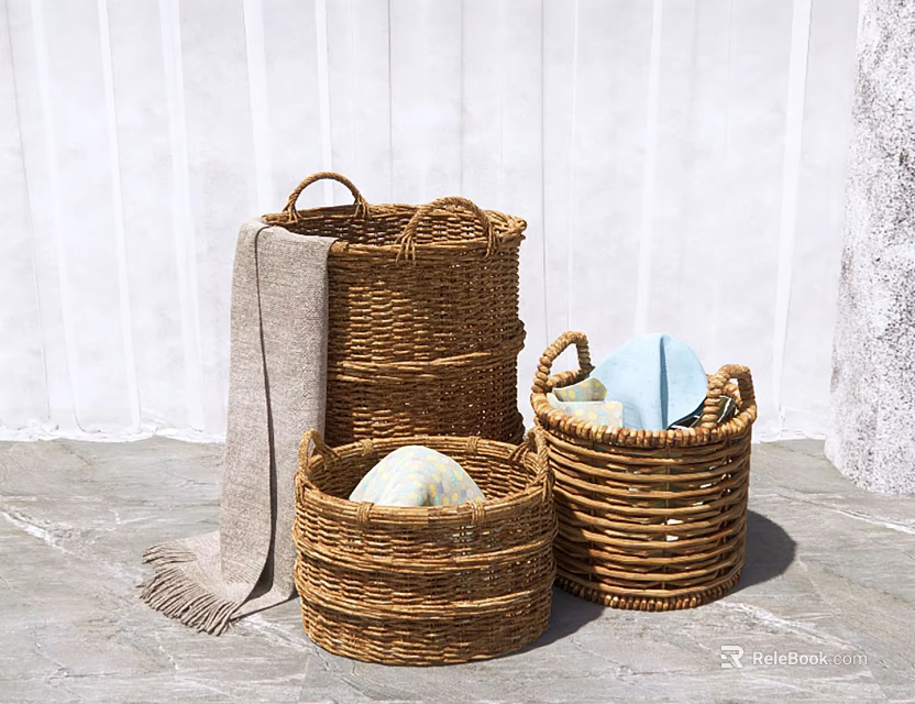 Woven Wicker Storage Baskets for Home Organizing with Towels and Linen Items 3d model 