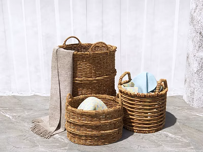 Woven Wicker Storage Baskets for Home Organizing with Towels and Linen Items 3d model