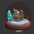 Festive Snow Globe With Mini Cottage Christmas Tree Candy Cane Snow On Brown Base