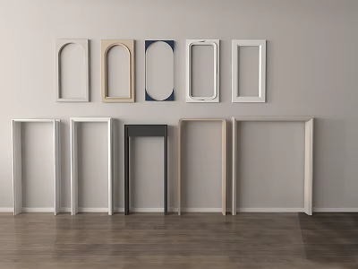Various Door Frames In Different Colors And Designs Arranged On Wall And Floor 3d model