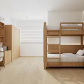 Modern Wooden Bedroom With Bunk Bed Desk Chairs And Storage Cabinets