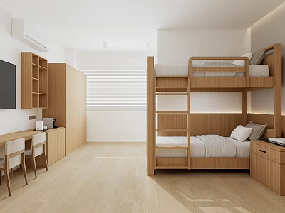 Modern Wooden Bedroom With Bunk Bed Desk Chairs And Storage Cabinets 3d model
