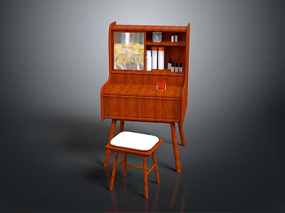 Traditional Wooden Writing Desk With Glass Door Cabinet Drawers And White Cushioned Stool 3d model