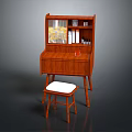 Traditional Wooden Writing Desk With Glass Door Cabinet Drawers And White Cushioned Stool