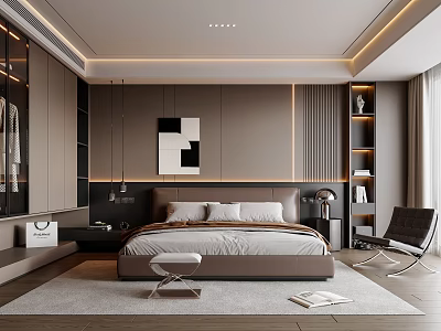 Modern Bedroom Interior Design With Large Bed Chair And Bookshelf 3d model
