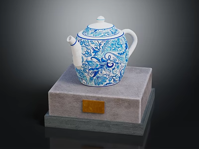 Elegant Gray Furniture Display Base With Golden Plaque And Blue White Floral Teapot 3d model
