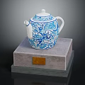 Elegant Gray Furniture Display Base With Golden Plaque And Blue White Floral Teapot
