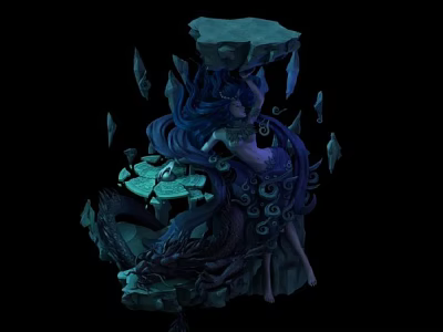 Cartoon Fantasy Scene Featuring Blue Haired Female Broken Ice Dragon Creature And Glowing Green Platform 3d model