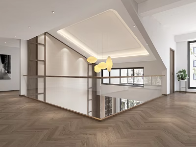 Modern Entryway Hallway Interior With Herringbone Wooden Flooring And Pendant Lights Glass Railing 3d model