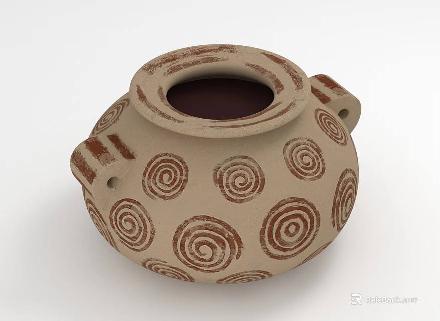 Traditional Handcrafted Pottery Jar With Beige Base Brown Spiral Patterns And Handles 3d model 