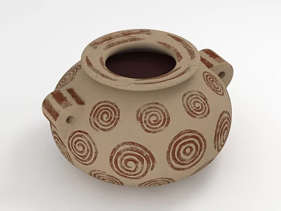 Traditional Handcrafted Pottery Jar With Beige Base Brown Spiral Patterns And Handles 3d model