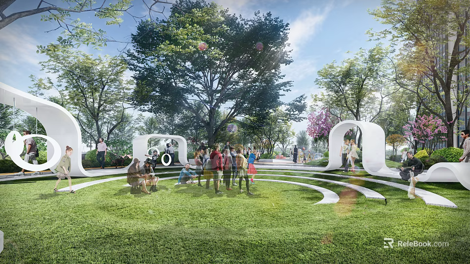 Scenic Park Landscape Featuring Green Lawn Trees White Arches And People Enjoying Outdoor Activities 3d model 