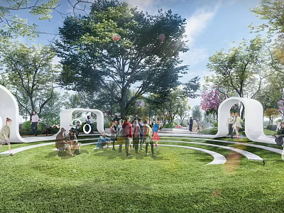 Scenic Park Landscape Featuring Green Lawn Trees White Arches And People Enjoying Outdoor Activities 3d model