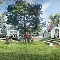 Scenic Park Landscape Featuring Green Lawn Trees White Arches And People Enjoying Outdoor Activities