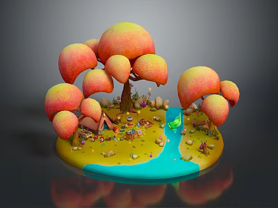 Vibrant Natural Scene With Orange Yellow Trees Small Cottage Blue Stream And Green Grassland 3d model