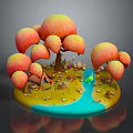 Vibrant Natural Scene With Orange Yellow Trees Small Cottage Blue Stream And Green Grassland