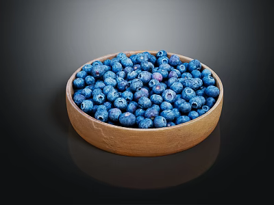 Juicy Fresh Blueberries Filled in Natural Wooden Bowl on Dark Background 3d model