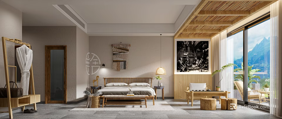 Hotel Guest Room Natural Wooden Interior Design With Comfortable Bed Hanging Lamp And Decorative Painting 3d model 