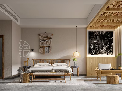 Hotel Guest Room Natural Wooden Interior Design With Comfortable Bed Hanging Lamp And Decorative Painting 3d model