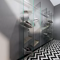 Modern Glass Shelving Unit With Metal Frame And Layered Design For Home Decor