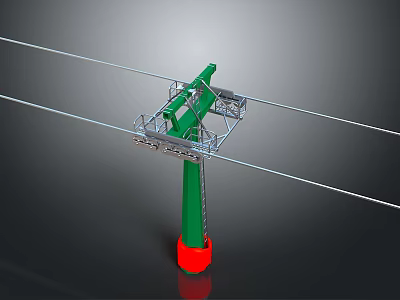 Green Pole Electrical Structure With Red Base Metal Frame And Wires 3d model