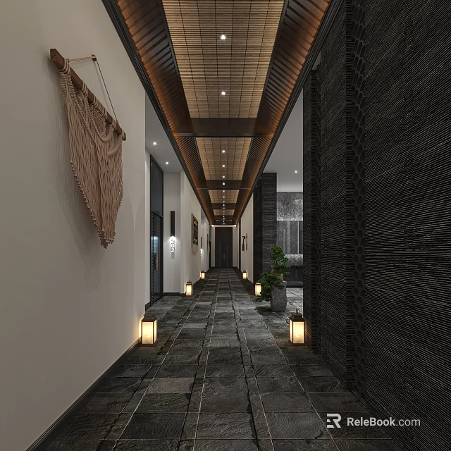 Traditional Elevator Corridor With Stone Pathway Lantern Lights And Wooden Decor 3d model