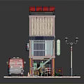 Cartoon Scene Featuring Two Story Building With Green Walls Red Roof And Red Truck