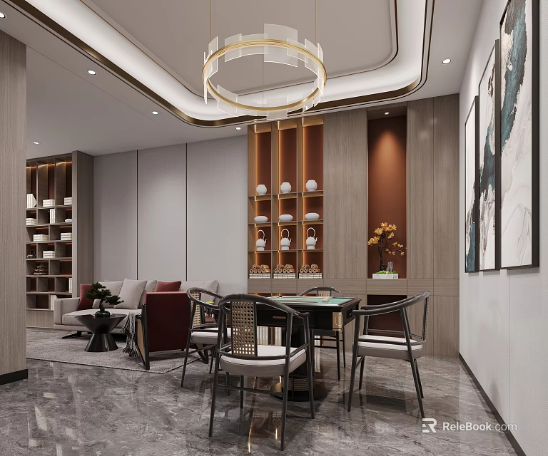Elegant Hotel Mahjong Room Interior With Table Chairs Chandelier And Decorative Paintings 3d model 