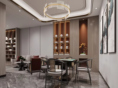 Elegant Hotel Mahjong Room Interior With Table Chairs Chandelier And Decorative Paintings 3d model