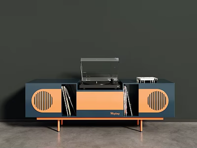 Modern Retro TV Stand With Blue Orange Design Record Player Storage And Wooden Legs 3d model