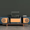 Modern Retro TV Stand With Blue Orange Design Record Player Storage And Wooden Legs