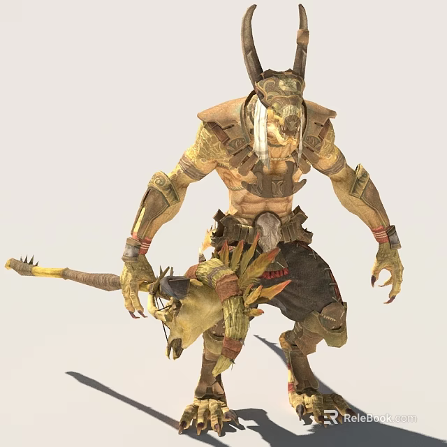Horned Armored Fantasy Warrior Figure With Small Spiked Lizard Creature Companion 3d model 