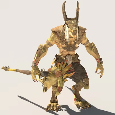 Horned Armored Fantasy Warrior Figure With Small Spiked Lizard Creature Companion 3d model
