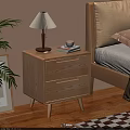 Modern Wooden Nightstand With Two Drawers Table Lamp Book And Cup Beside Bed