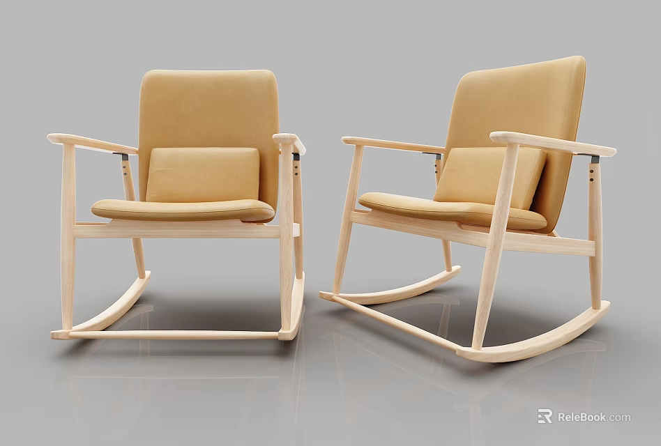 Comfortable Beige Rocking Chair with Wooden Frame Padded Seat Backrest Armrests Modern Design 3d model 