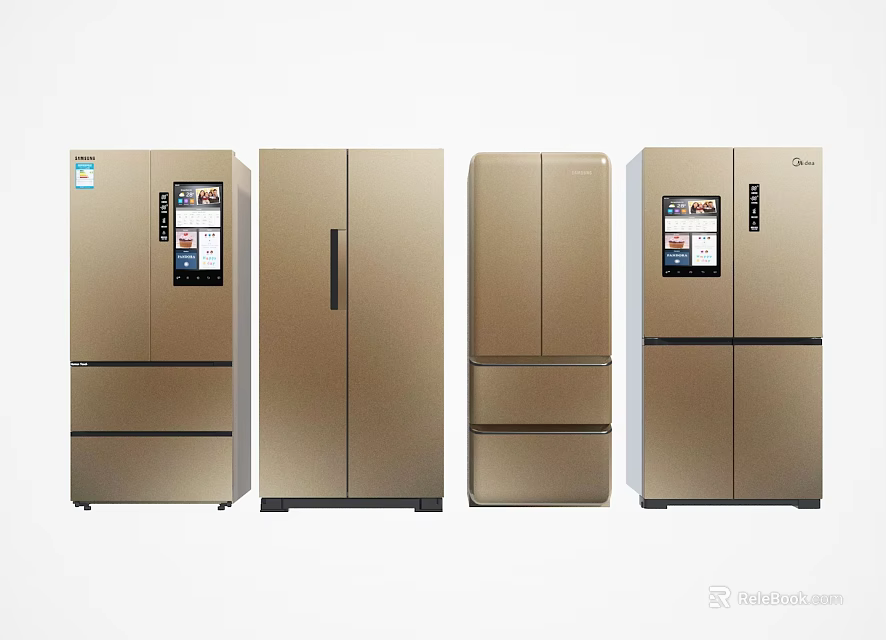 Golden Refrigerators And Freezers With Various Door Styles And Digital Screens 3d model 