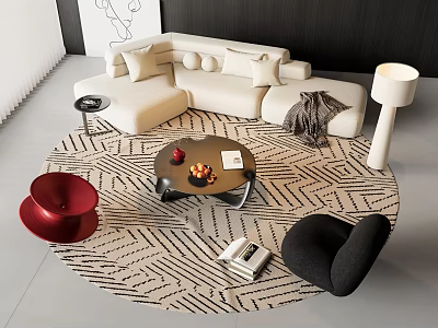 Modern White Sofa and Coffee Table Set with Plush Pillows Glass Top and Geometric Rug 3d model