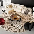 Modern White Sofa and Coffee Table Set with Plush Pillows Glass Top and Geometric Rug
