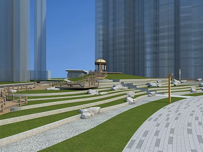 Urban Park Landscape With Tall Modern High Rise Buildings Green Lawns Walkways Pavilion And Benches 3d model