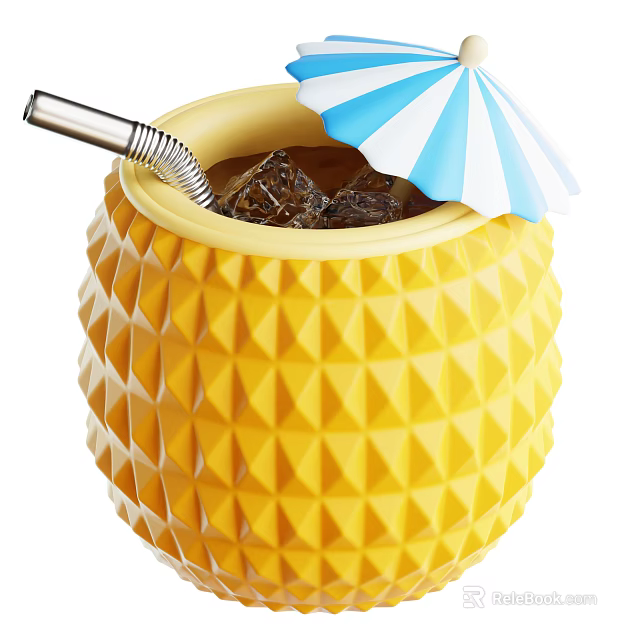 Iced Drink in Pineapple Shaped Cup with Blue White Striped Umbrella and Straw 3d model 