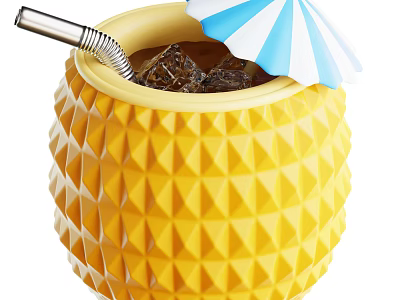 Iced Drink in Pineapple Shaped Cup with Blue White Striped Umbrella and Straw 3d model