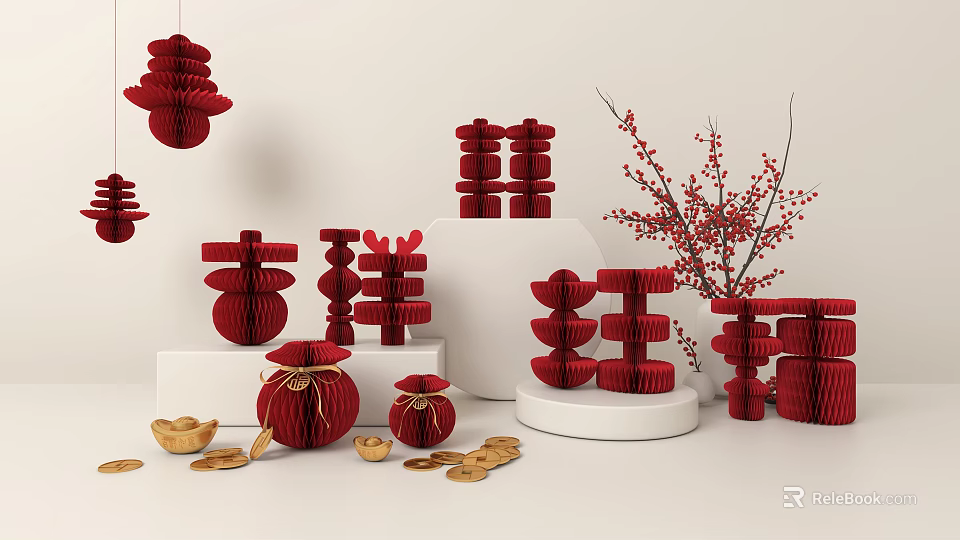 Traditional Red Festive Decorative Ornament Set with Lanterns Fortune Characters Gold Ingots and Red Branches 3d model 