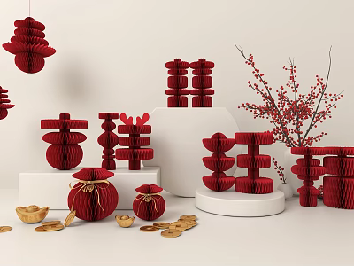 Traditional Red Festive Decorative Ornament Set with Lanterns Fortune Characters Gold Ingots and Red Branches 3d model