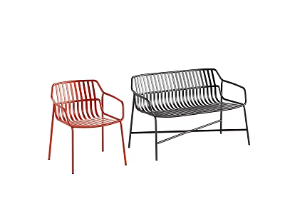 Two Modern Red and Black Metal Wire Design Lounge Chairs with Sleek Structure 3d model